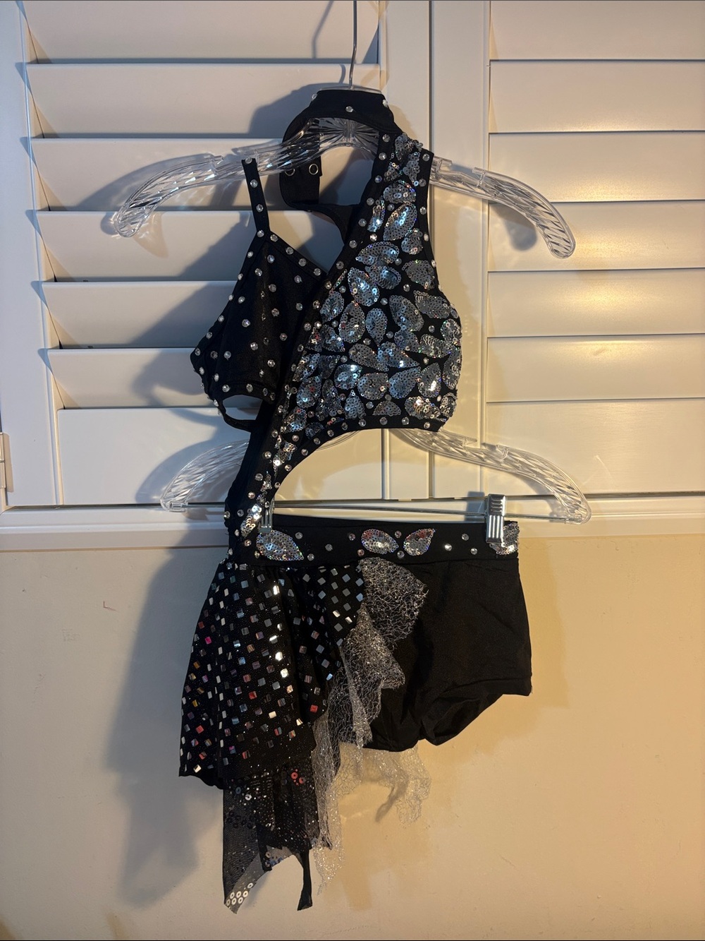Black Rhinestone One-Shoulder Dance Leotard with Skirt